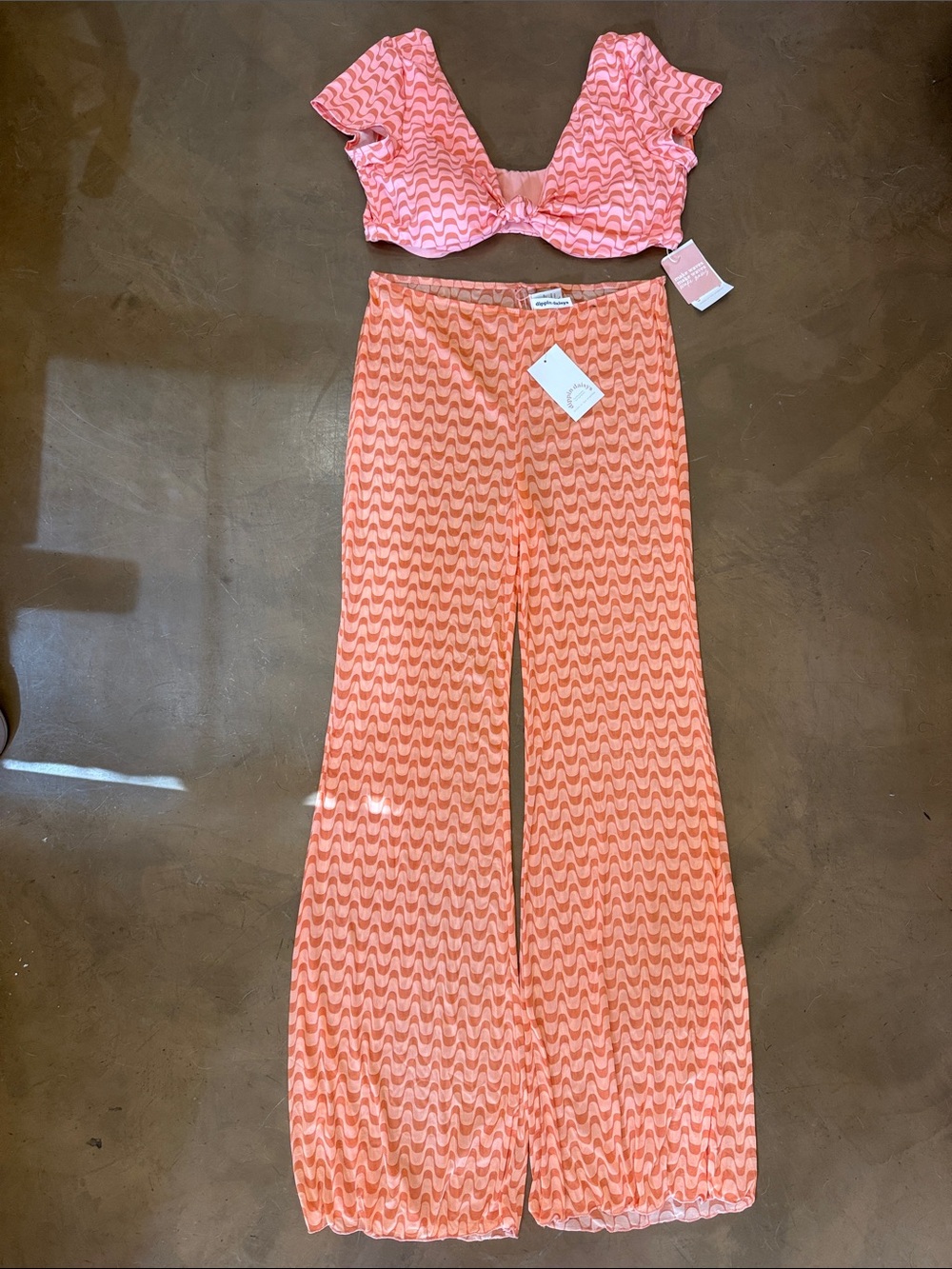 Sundry Pink & Coral Wave Crop Top bathing suit and pant Set